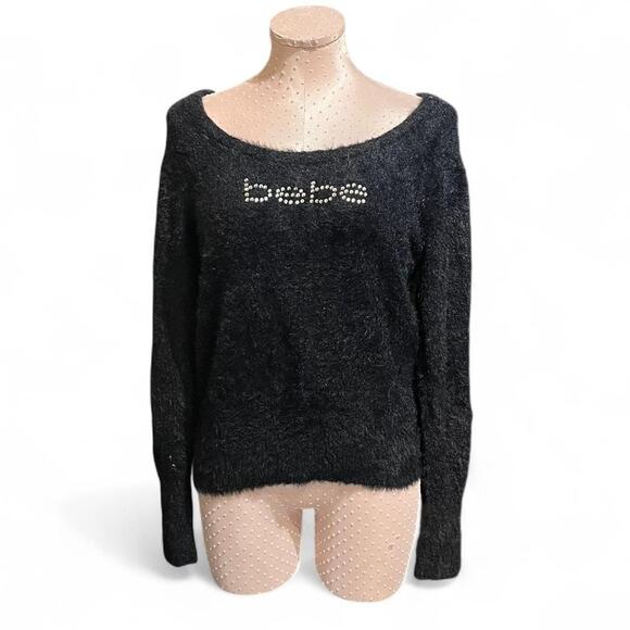 Vintage Y2K Bebe Black Fuzzy Logo Sweater Rhinestone Script - Picture 1 of 5